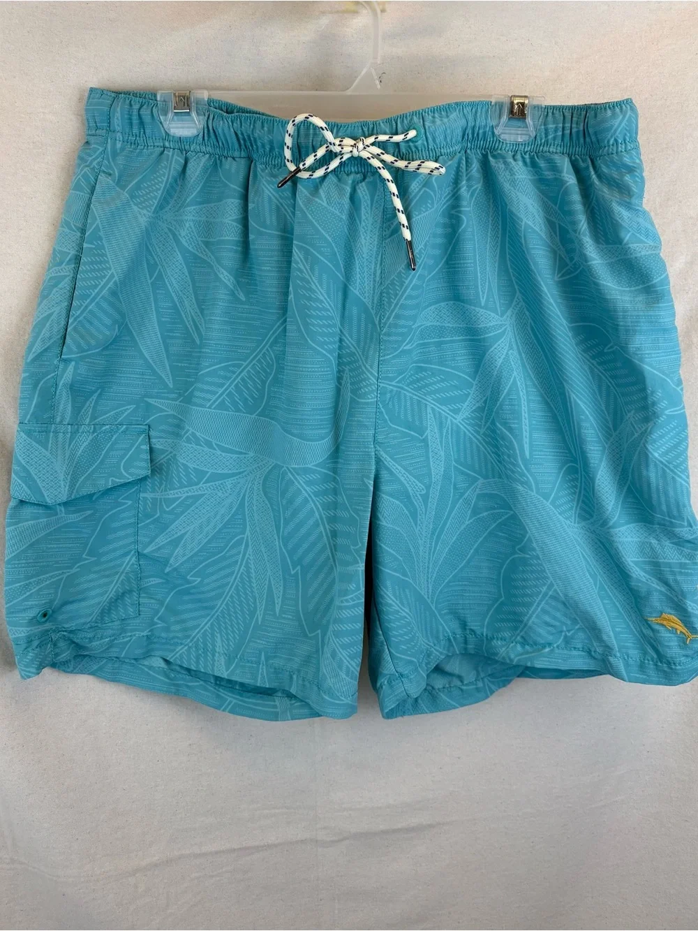 Tommy Bahama RELAX Aqua Teal Leaf-Print Swim Trunks Tie Pull On XL 16 Mesh LINER